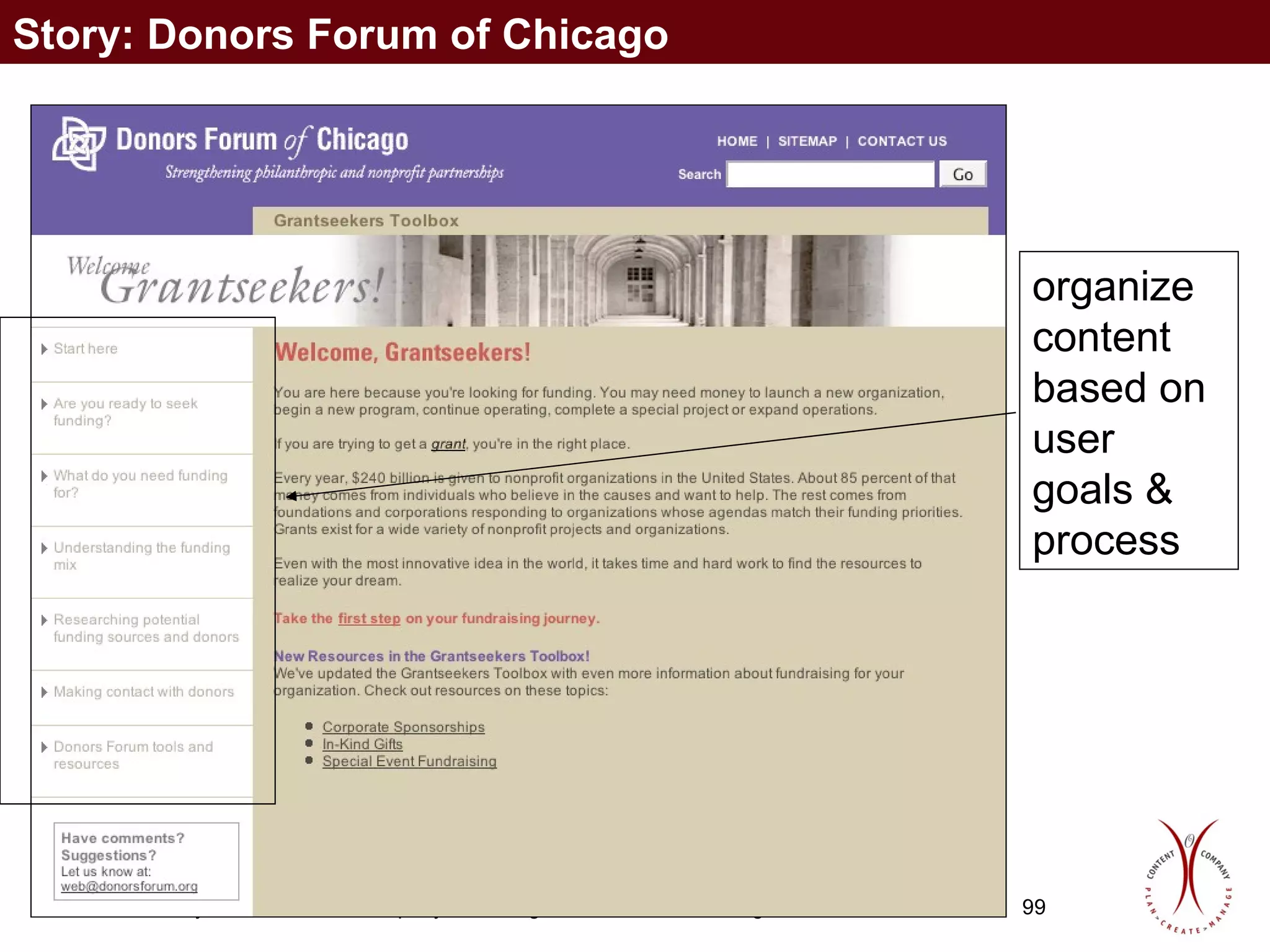 organize content based on user goals & process Story: Donors Forum of Chicago 