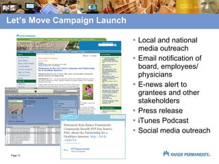 Let’s Move Campaign Launch Local and national media outreach Email notification of board, employees/ physicians E-news alert to grantees and other stakeholders Press release iTunes Podcast Social media outreach 