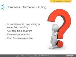 In social media, everything is exception handlingGet real-time answersKnowledge retentionFind & share expertiseCompress Information FindingThe social businesshttp://www.flickr.com/photos/crystaljingsr/3914729343/in/photostream