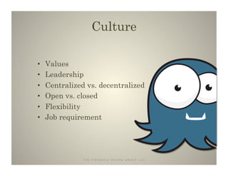 Culture	
  

•    Values
•    Leadership
•    Centralized vs. decentralized
•    Open vs. closed
•    Flexibility
•    Job...