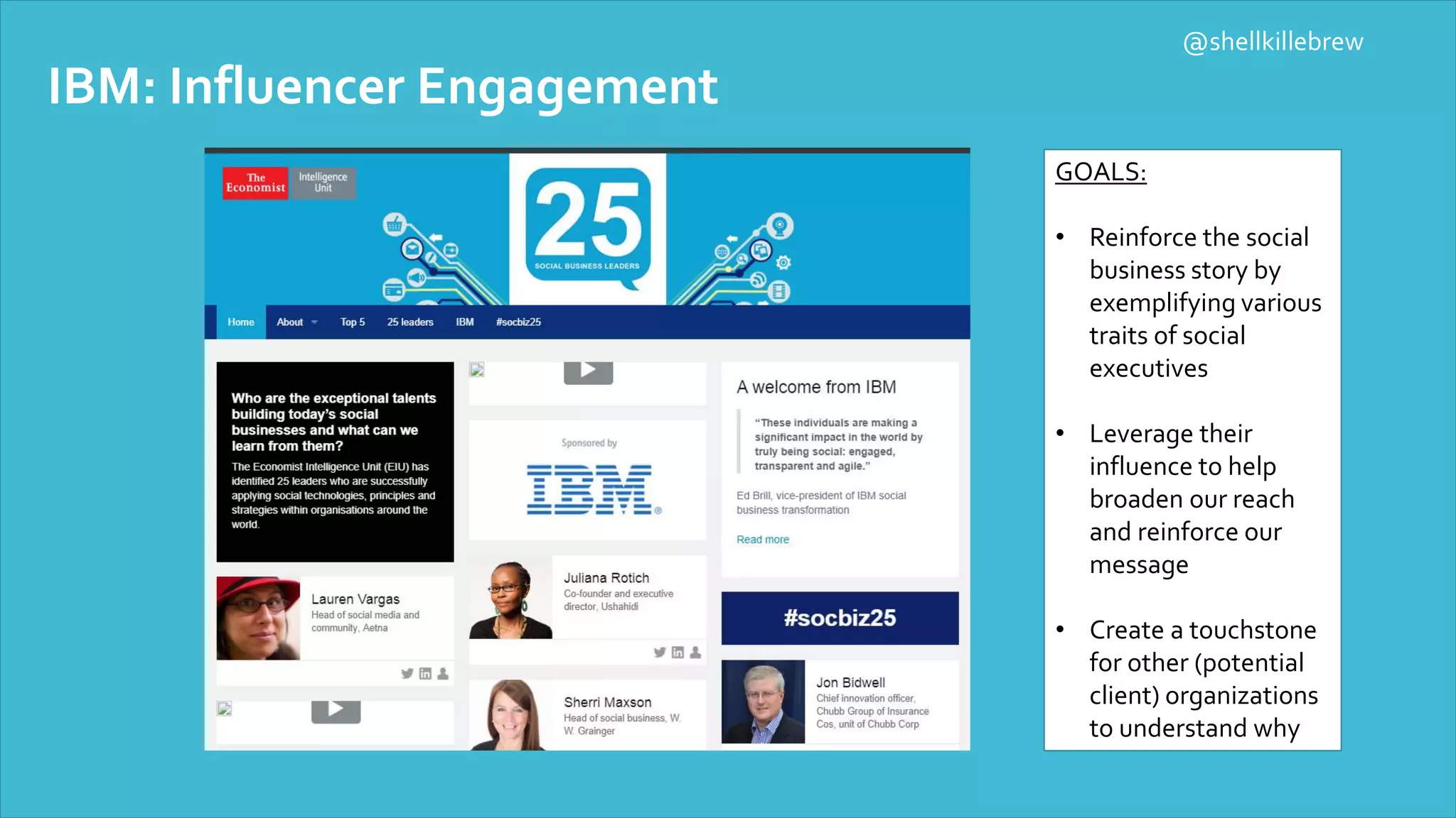 IBM: Influencer Engagement
GOALS:
• Reinforce the social
business story by
exemplifying various
traits of social
executives
• Leverage their
influence to help
broaden our reach
and reinforce our
message
• Create a touchstone
for other (potential
client) organizations
to understand why
@shellkillebrew
 