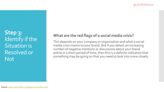 Step 3:
Identify if the
Situation is
Resolved or
Not
What are the red flags of a social media crisis?
This depends on your company or organization and what a social
media crisis means to your brand. But if you detect an increasing
number of negative mentions or discussions about your brand
online in a short period of time, then this is a definite indication that
something may be going on that you need to look into more closely.
Source: https://raventools.com/blog/social-media-crisis
@shellkillebrew
 