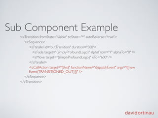 Sub Component Example
  <s:Transition fromState="visible" toState="*" autoReverse="true">
     <s:Sequence>
        <s:Parallel id="outTransition" duration="500">
          <s:Fade target="{simplyProfoundLogo}" alphaFrom="1" alphaTo="0" />
          <s:Move target="{simplyProfoundLogo}" xTo="600" />
        </s:Parallel>
        <s:CallAction target="{this}" functionName="dispatchEvent" args="{[new
        Event(TRANSITIONED_OUT)]}" />
     </s:Sequence>
  </s:Transition>
 
