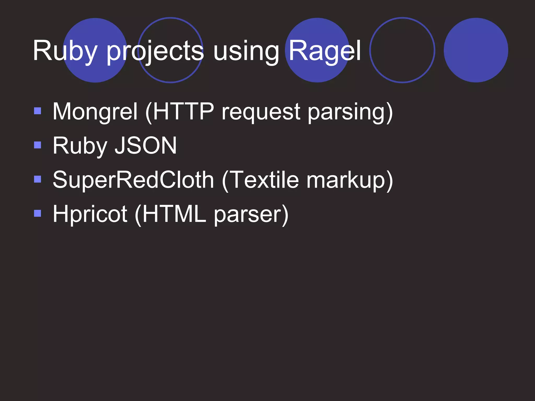 Ruby projects using Ragel
 Mongrel (HTTP request parsing)
 Ruby JSON
 SuperRedCloth (Textile markup)
 Hpricot (HTML parser)
 