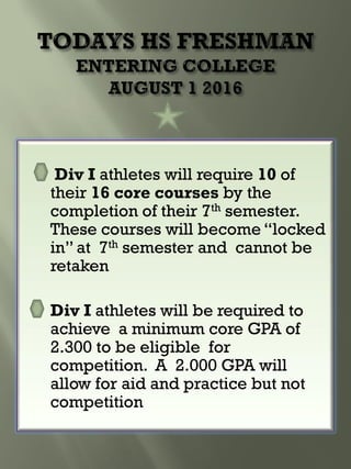 Div I athletes will require 10 of
their 16 core courses by the
completion of their 7th semester.
These courses will become “locked
in” at 7th semester and cannot be
retaken
Div I athletes will be required to
achieve a minimum core GPA of
2.300 to be eligible for
competition. A 2.000 GPA will
allow for aid and practice but not
competition
 