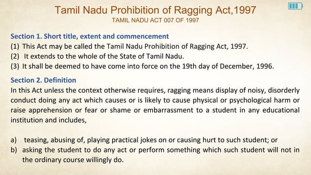 Tamil Nadu Prohibition of Ragging Act (1997) | PPTX