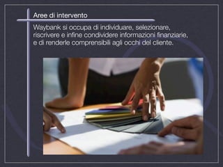 Aree di intervento
Waybank si occupa di individuare, selezionare,
riscrivere e inﬁne condividere informazioni ﬁnanziarie,
e di renderle comprensibili agli occhi del cliente.
 