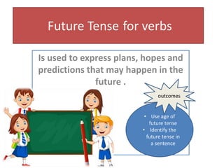 Future Tense for verbs
Is used to express plans, hopes and
predictions that may happen in the
future .
• Use age of
future tense
• Identify the
future tense in
a sentence
outcomes
 