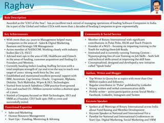 Raghav
1
Role Description
Awarded as the “CEO of the Year”, has an excellent track record of managing operations of leading Software Companies in India.
He is part of the Global and Indian CEOs with more than 2 decades of heading Companies to grow exponentially.
Key Achievements
• With more than 25+ years in Management helped many
Companies in the areas of - Sales & Digital Marketing,
Business and Strategic HR Management
• Active member of NASSCOM, Working closely with industry
bodies like CII, FICCI
• Advised start ups in the area of HR, Healthcare and Fintech
in the areas of funding, customer acquisition and finding Co
Founders and Mentors.
• Currently heading India’s Leading Staffing Services with a
total employee strength of 750 and is on the way to reach next
target of 2000+ strong work force by Dec 2017
• Established and maintained excellent personal rapport with
IBM, Accenture, Cap Gemini, Oracle, Cognizant, Mphasis,
Deloitte, Tech Mahindra, Wipro & HCL Technologies.
• Started from scratch Salesforce CRM practice from ground
Zero and reached US 1 Million turnover within a shortest span
of 2 years.
• Started a Company focused on Web Technologies, SEO and
SMM as a Founder, CEO built upto INR 10 crore and
successfully exited.
Community & Social Service
• Member of Rotary International with significant
contributions in Pulse Polio, RILM and Teach Projects
• Founder of a NGO – focusing on imparting training to the
Youth for making them Job Ready.
• Instituted and is currently running Training Centres –
Nypunya giving free of cost Training on Job Skills – both Soft
and technical skills aimed at improving the skill base.
• Conceptualized, designed and developed a new initiative
called “Speak India”
Functional Expertise
• Sales and Marketing
• Human Resource Management
• Start Ups – Funding, Mentoring & Advising
Author, Writer and Blogger
• Top Writer in Quora for 10 topics with more than One
Million readers and followers.
• Regular contributor in “Pulse” published by Linkedin
• Strong written and verbal communication skills
• Prolific writer – active participation across Social Media –
Facebook, Linkedin, Instagram and Twitter.
Keynote Speaker
• Spoken at all Meetings of Rotary International across India
about Fund Raising and Member Development
• Keynote Speaker at National and International For a
• Panelist for National and International Conferences on
Start Ups, Digital Marketing, Social Marketing and HRM
 