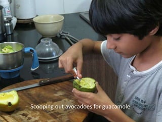 Scooping out avocadoes for guacamole 
 