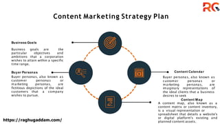Content Marketing Strategy Plan
Business Goals
Business goals are the
particular objectives and
ambitions that a corporation
wishes to attain within a specific
time range.
Buyer Personas Content Calendar
Buyer personas, also known as
customer personas or
marketing personas, are
fictitious depictions of the ideal
customers that a company
wishes to pursue.
Buyer personas, also known as
customer personas or
marketing personas, are
imaginary representations of
the ideal clients that a business
desires to seek
Content Map
A content map, also known as a
content matrix or content inventory,
is a visual representation or
spreadsheet that details a website's
or digital platform's existing and
planned content assets.
https://raghugaddam.com/
 