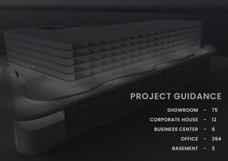 PROJECT GUIDANCE
SHOWROOM
CORPORATE HOUSE
BUSINESS CENTER
OFFICE
BASEMENT
-
-
-
-
-
75
12
6
394
3
 