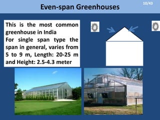 Even-span Greenhouses
This is the most common
greenhouse in India
For single span type the
span in general, varies from
5 to 9 m, Length: 20-25 m
and Height: 2.5-4.3 meter
10/43
 