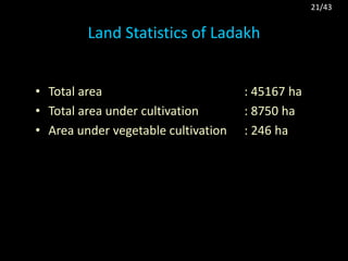Land Statistics of Ladakh
• Total area : 45167 ha
• Total area under cultivation : 8750 ha
• Area under vegetable cultivation : 246 ha
21/43
 