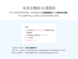 私有主機版 VS 雲端版
若公司有特殊的資安考量，並且具備良好的主機維護能力以及資訊安全知識，
也可以選擇將 Ragic 安裝在公司內部的伺服器上使用。
需求
• 公司內部有專業的資訊人員，具備網路伺服器
維護經驗
• 方案的最低人數限制為 10 名使用者
• 年付為單位
• 專業版以上方案
若選用私有伺服器，您需自行維護的部分：
更新 SSL 、設定備份、設定伺服器防火牆、調整系統參數以及分配資源確保效能（記憶
體/Swap/硬碟IO）、更新伺服器作業系統、確保作業系統層級安全設定合規
 
