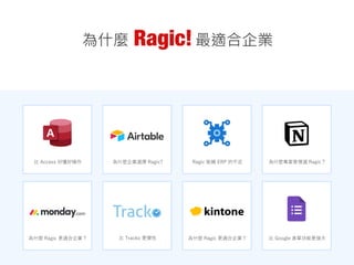 為什麼 最適合企業
比 Access 好懂好操作 為什麼企業選擇 Ragic? Ragic 能補 ERP 的不足 為什麼專案管理選 Ragic？
比 Google 表單功能更強大
比 Tracko 更彈性
為什麼 Ragic 更適合企業？ 為什麼 Ragic 更適合企業？
 