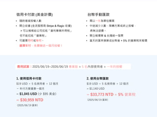 信用卡付款 (美金計價)
• 隨時增減授權人數
• 開立收據 (金流服務商 Stripe & Ragic 收據)
> 可以報帳給公司扣抵「營利事業所得稅」
但不能扣抵「營業稅」
• 可選擇月付或年付。
選擇年付，免費贈送一個月授權！
台幣手動匯款
• 需以一年為單位購買
• 中途減少人數、降轉方案或終止授權，
將無法退費。
• 開立報價單 & 台灣統一發票
• 當天的匯率換算成台幣後 + 5% 的營業稅來報價
2. 使用台幣匯款
$19 USD ╳ 5 名使用者 ╳ 12 個月
= $1,140 USD
= $33,773 NTD + 5% 營業稅
(2025/06/19 匯率)
1. 使用信用卡付款
$19 USD ╳ 5 名使用者 ╳ 12 個月
− 年付方案優惠一個月
= $1,045 USD (少 $95 美金)
= $30,959 NTD
(2025/06/19 匯率)
費用試算：2025/06/19~2026/06/19 專業版 + 5 名內部使用者 + 一年的授權
 