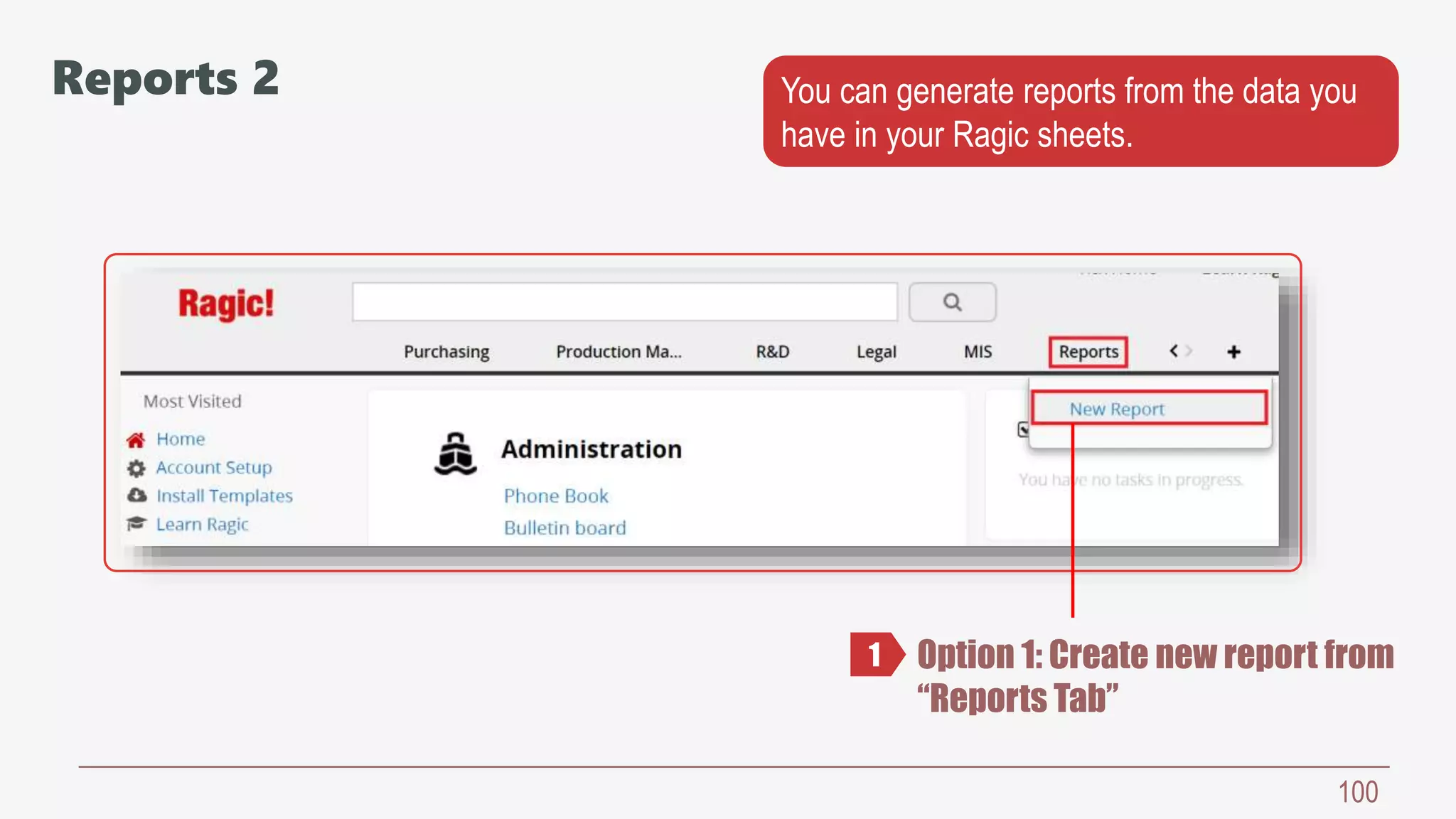 100
Option 1: Create new report from
“Reports Tab”
1
Reports 2 You can generate reports from the data you
have in your Ragic sheets.
 
