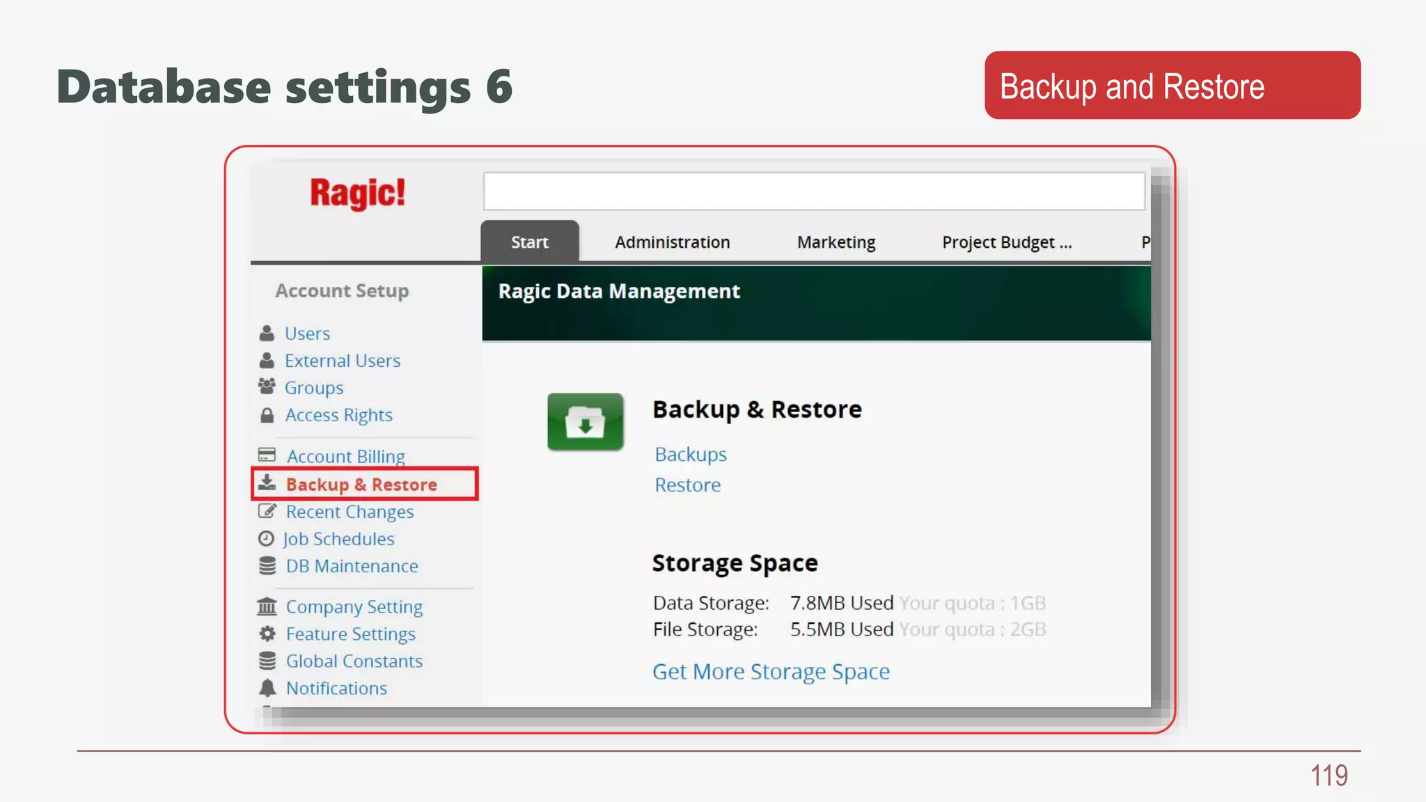 119
Backup and RestoreDatabase settings 6
 