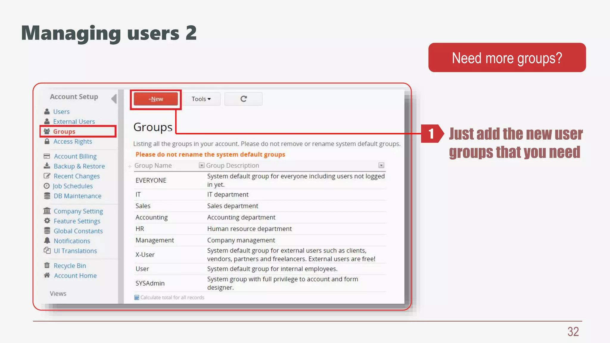 32
Just add the new user
groups that you need
Need more groups?
1
Managing users 2
 