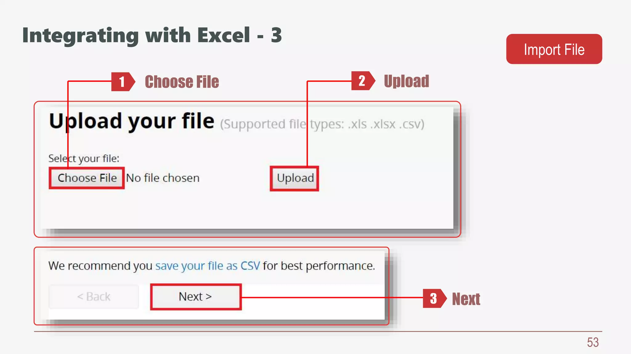 53
Choose File
Next
Upload1 2
3
Integrating with Excel - 3
Import File
 