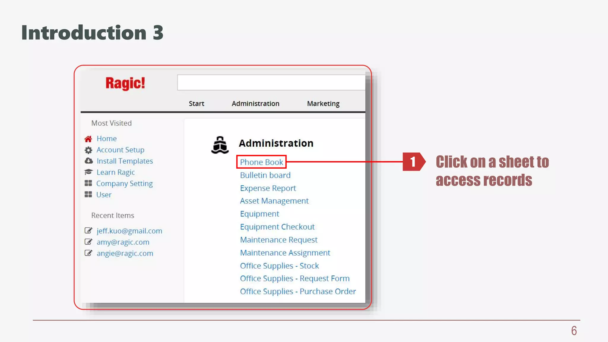 6
Click on a sheet to
access records
1
Introduction 3
 