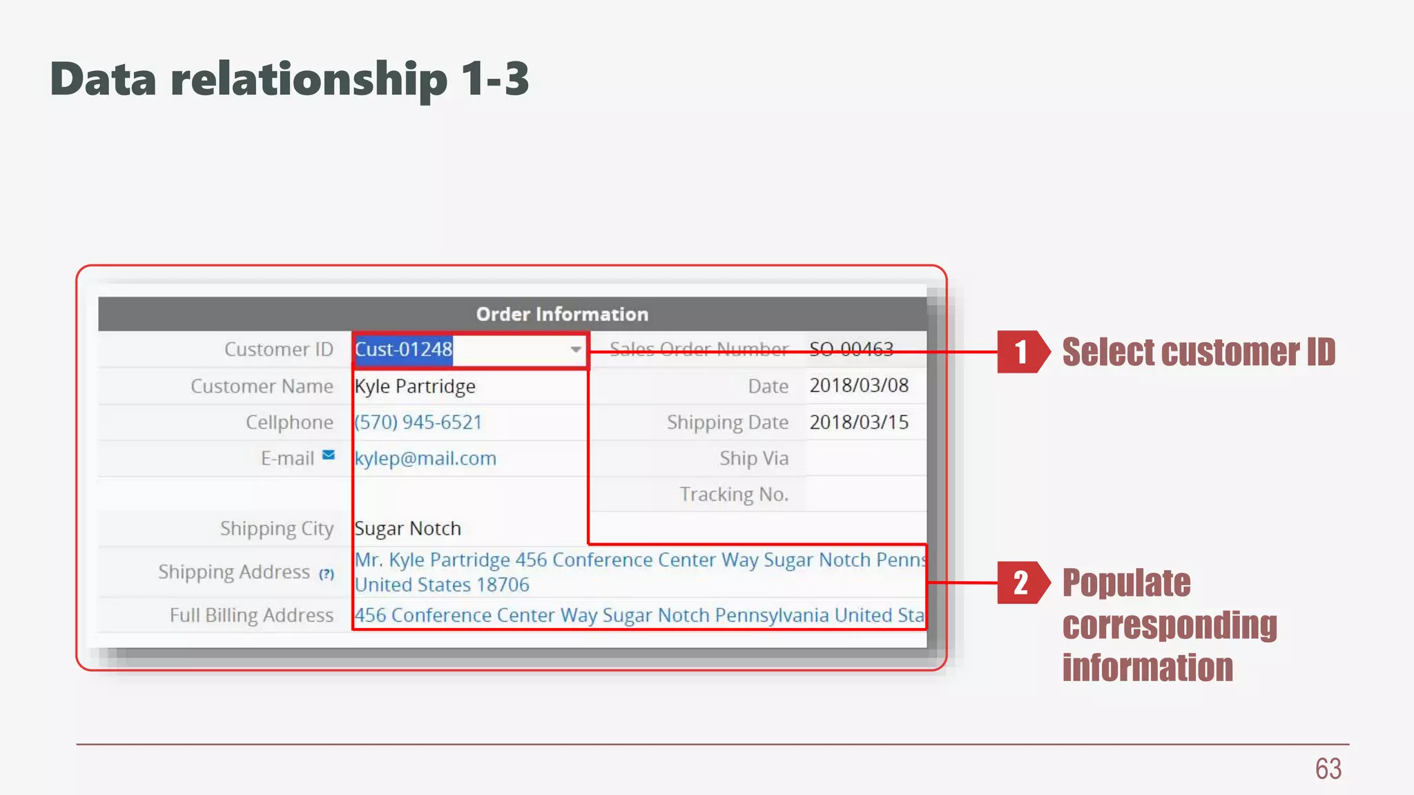 63
Select customer ID
Populate
corresponding
information
1
2
Data relationship 1-3
 