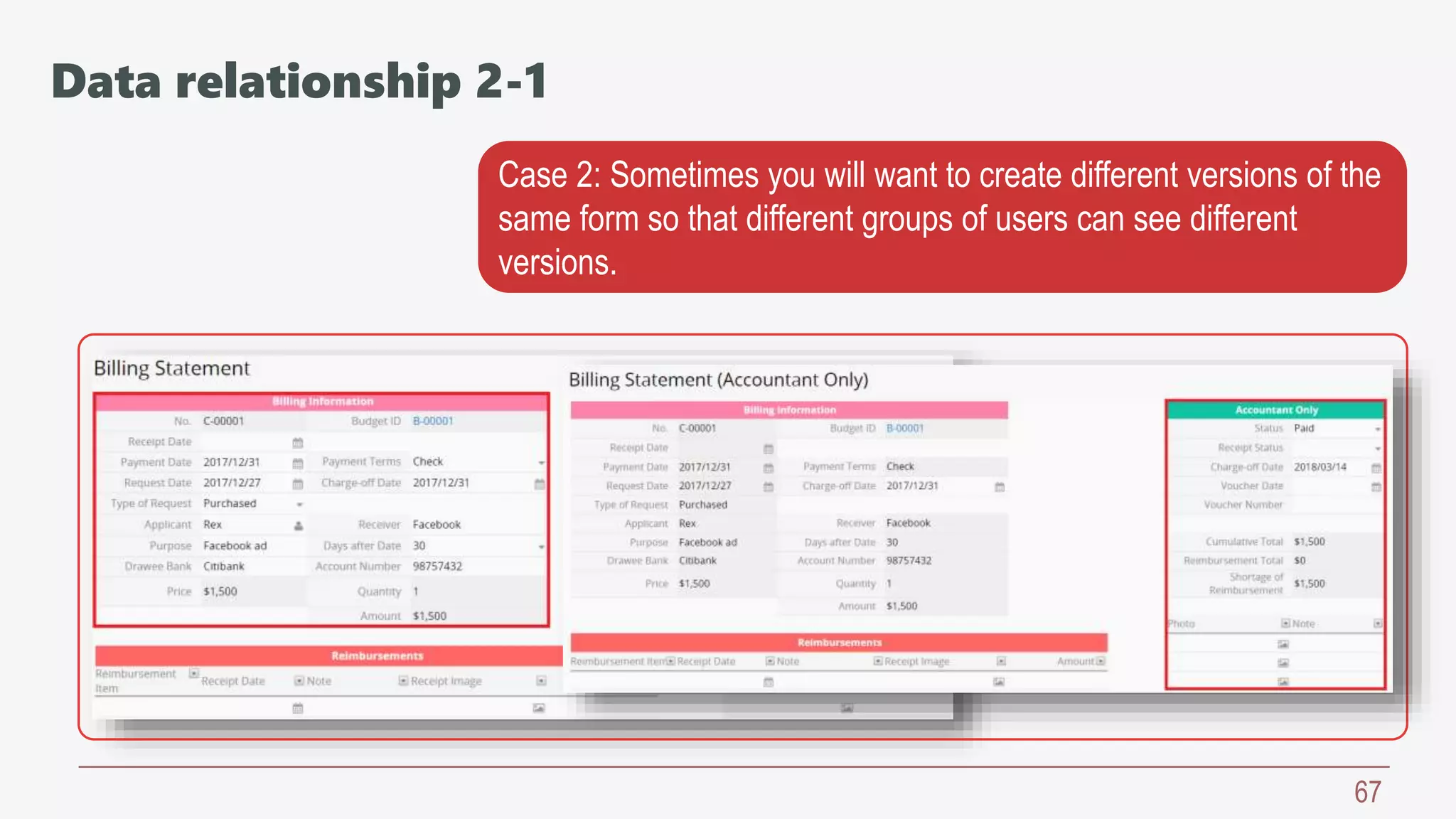 67
Case 2: Sometimes you will want to create different versions of the
same form so that different groups of users can see different
versions.
Data relationship 2-1
 