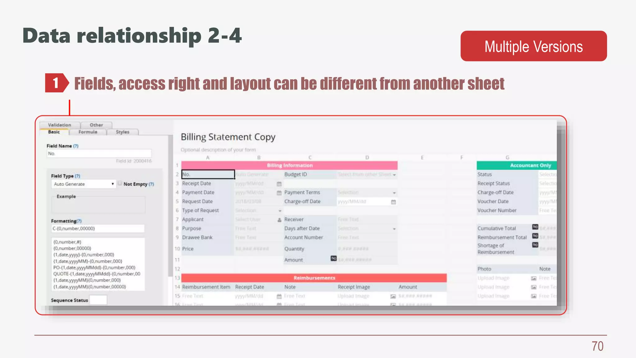 70
Fields, access right and layout can be different from another sheet1
Data relationship 2-4 Multiple Versions
 
