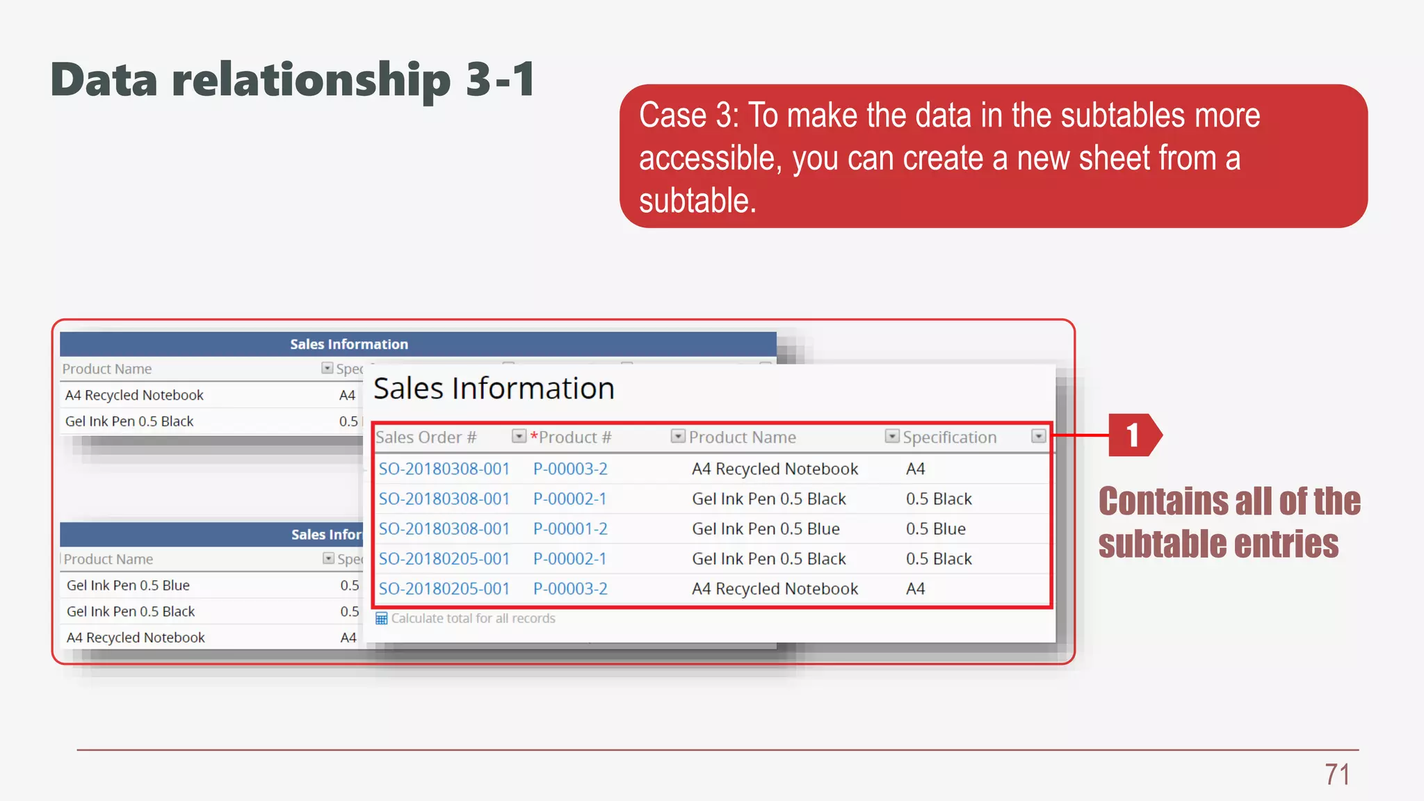 71
Case 3: To make the data in the subtables more
accessible, you can create a new sheet from a
subtable.
Contains all of the
subtable entries
1
Data relationship 3-1
 
