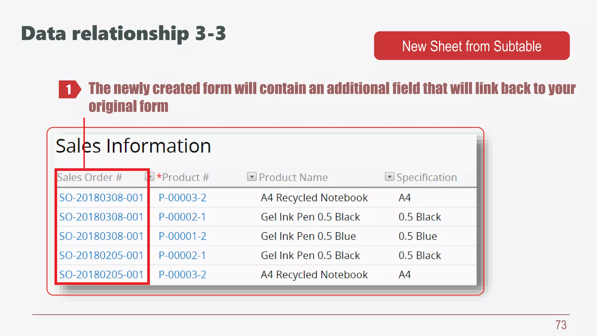 73
The newly created form will contain an additional field that will link back to your
original form
1
Data relationship 3-3
New Sheet from Subtable
 
