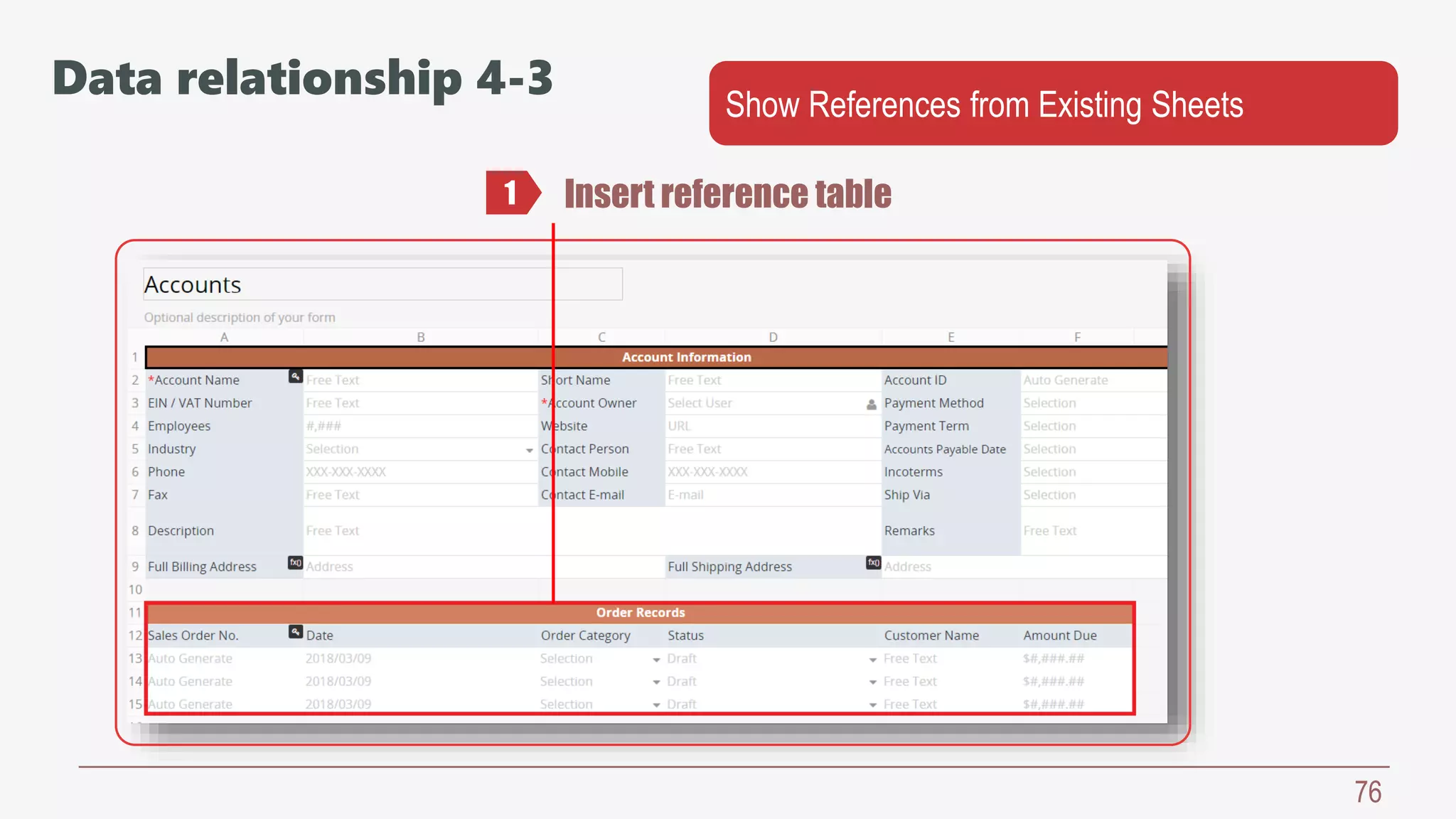 76
Insert reference table1
Data relationship 4-3 Show References from Existing Sheets
 