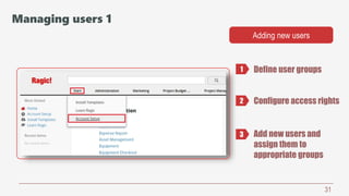 31
Managing users 1
Define user groups
Adding new users
Configure access rights
Add new users and
assign them to
appropriate groups
1
2
3
 