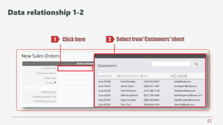 62
Click here Select from“Customers”sheet1 2
Data relationship 1-2
 