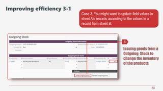 89
Case 3: You might want to update field values in
sheet A's records according to the values in a
record from sheet B.
Issuing goods from a
Outgoing Stock to
change the inventory
of the products
1
Improving efficiency 3-1
 