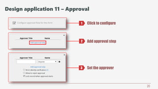 20
Click to configure
Add approval step
Set the approver
1
2
3
Design application 11 – Approval
 