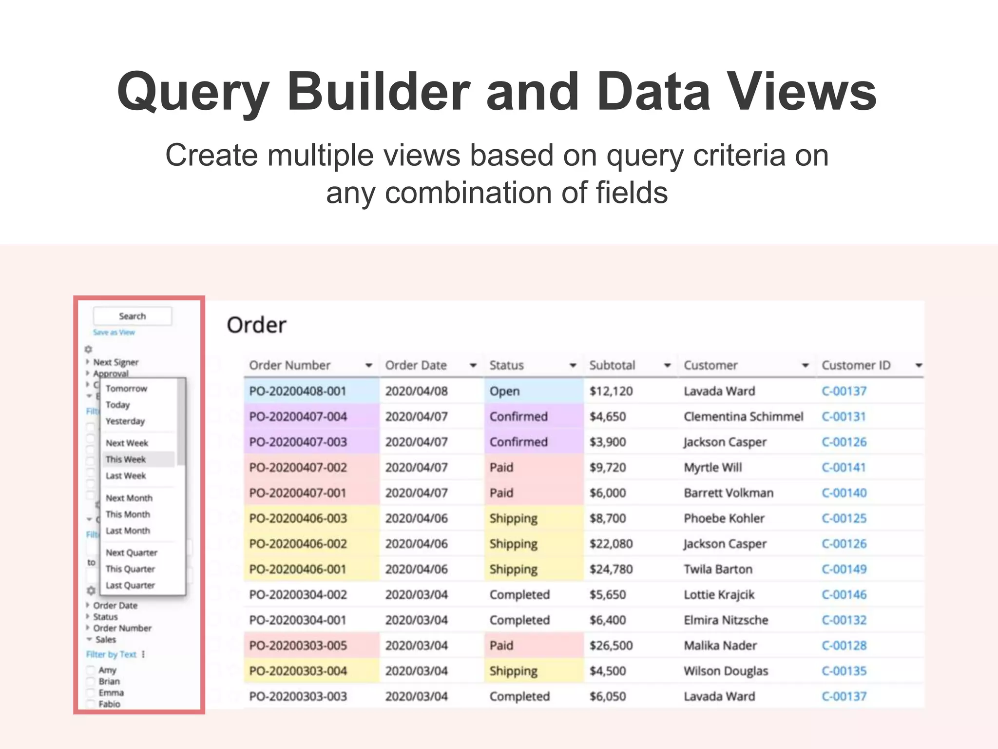 Create multiple views based on query criteria on
any combination of fields
Query Builder and Data Views
 