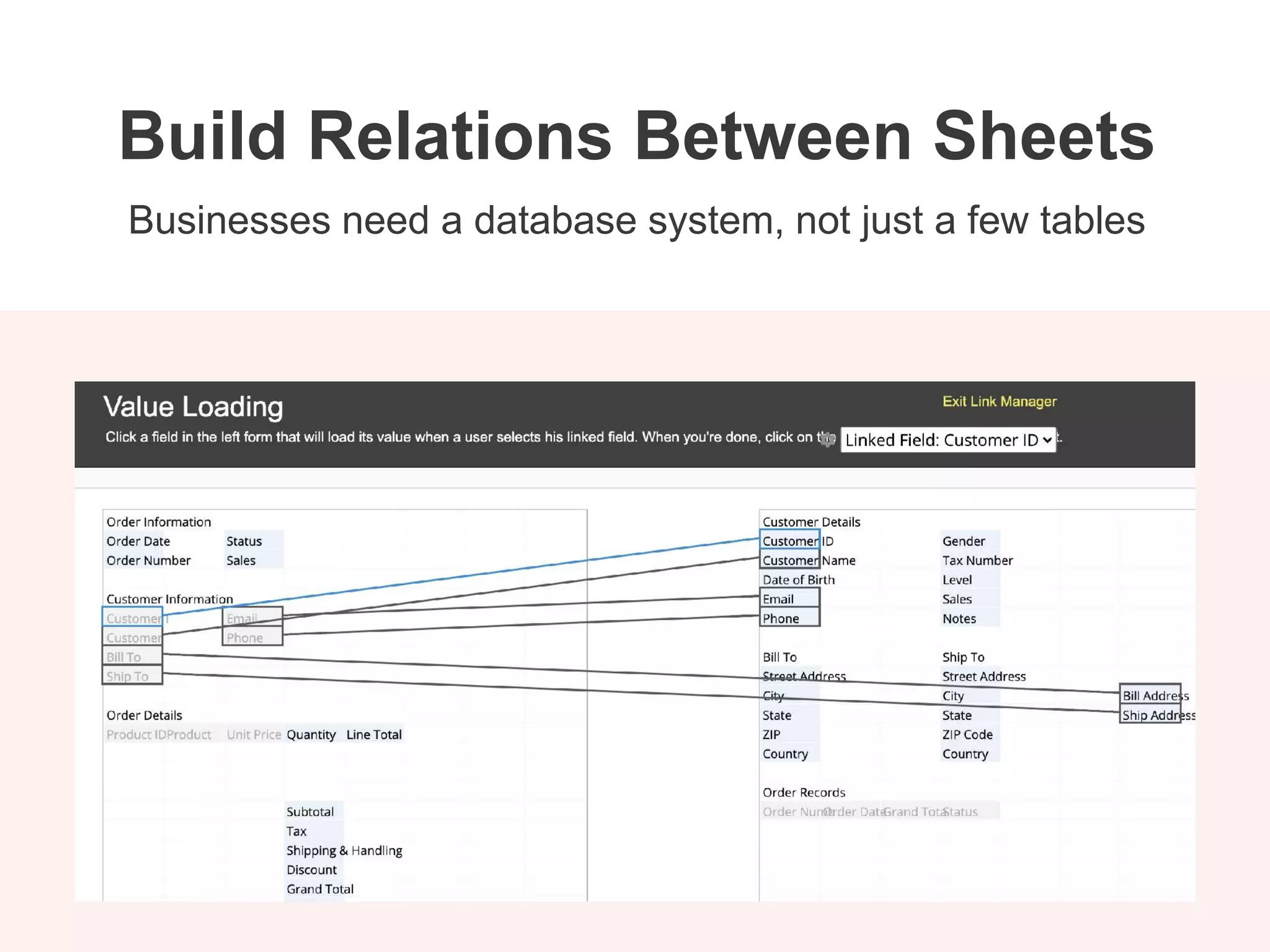 Businesses need a database system, not just a few tables
Build Relations Between Sheets
 