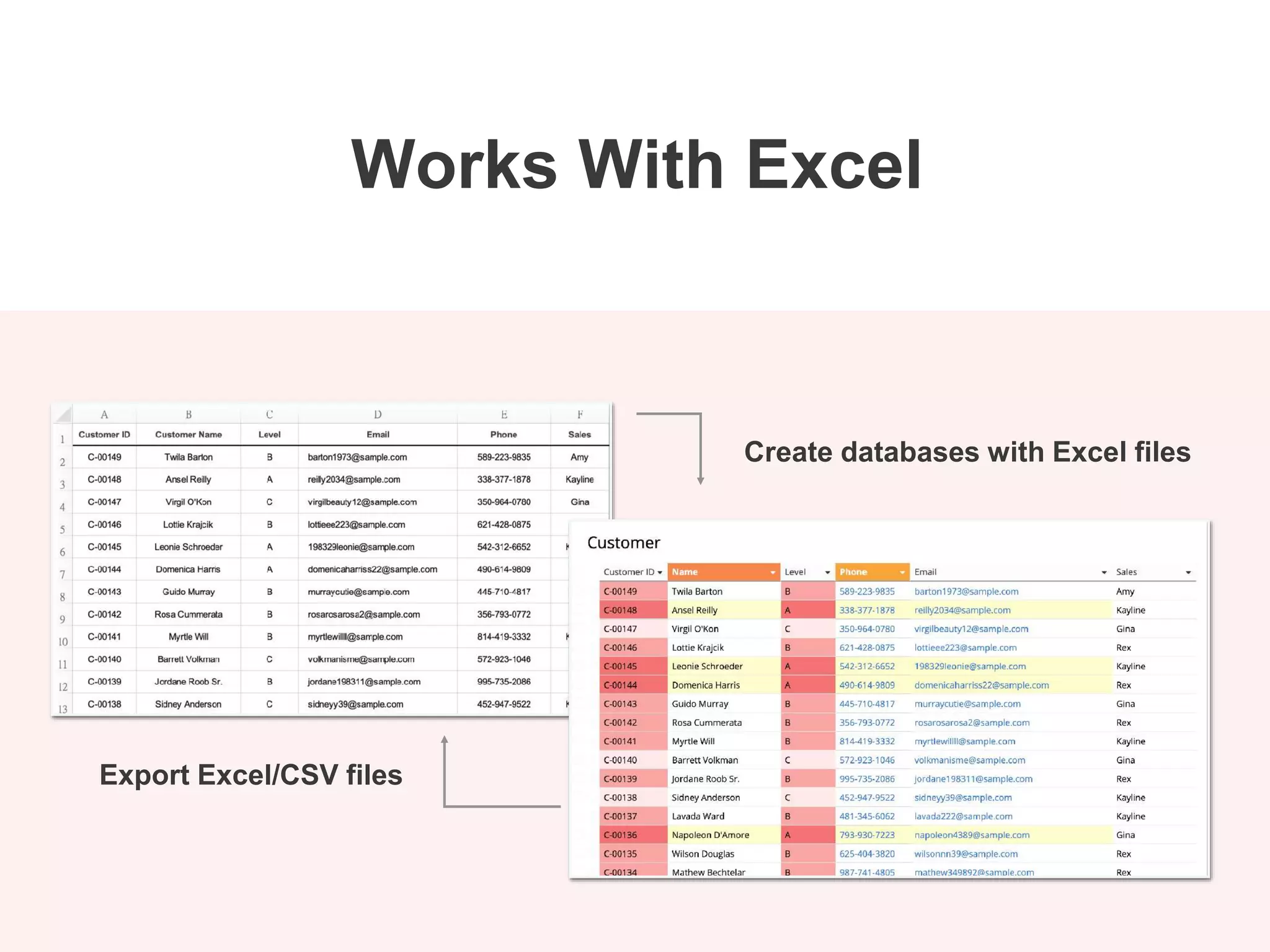 Create databases with Excel files
Export Excel/CSV files
Works With Excel
 