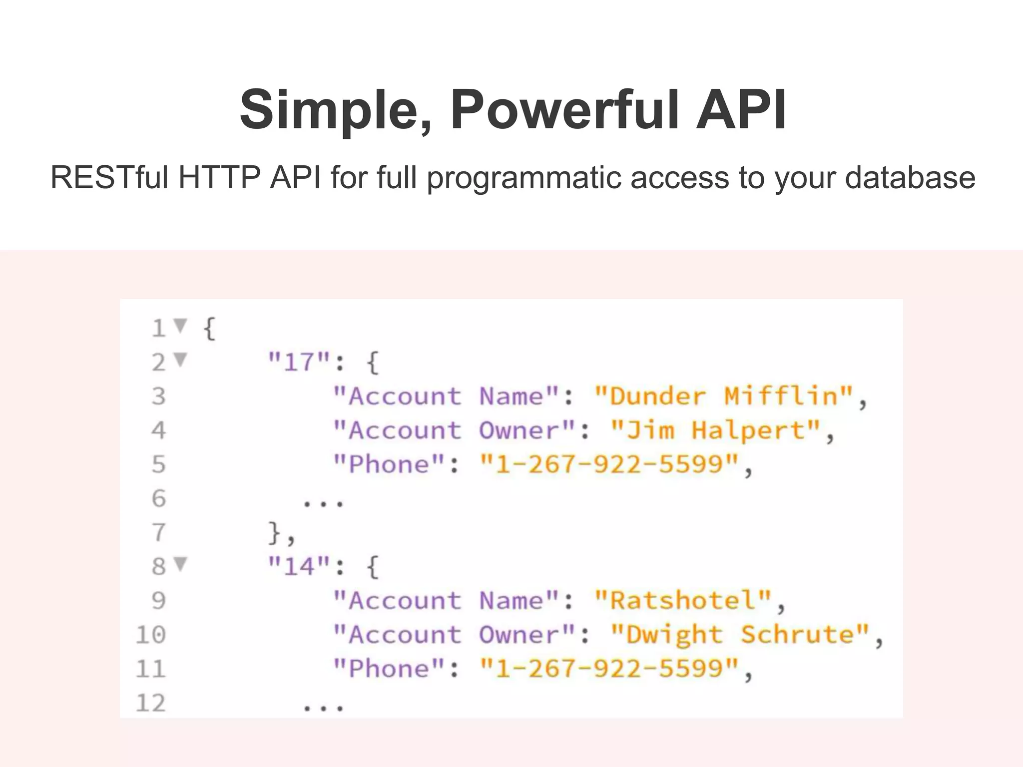 RESTful HTTP API for full programmatic access to your database
Simple, Powerful API
 