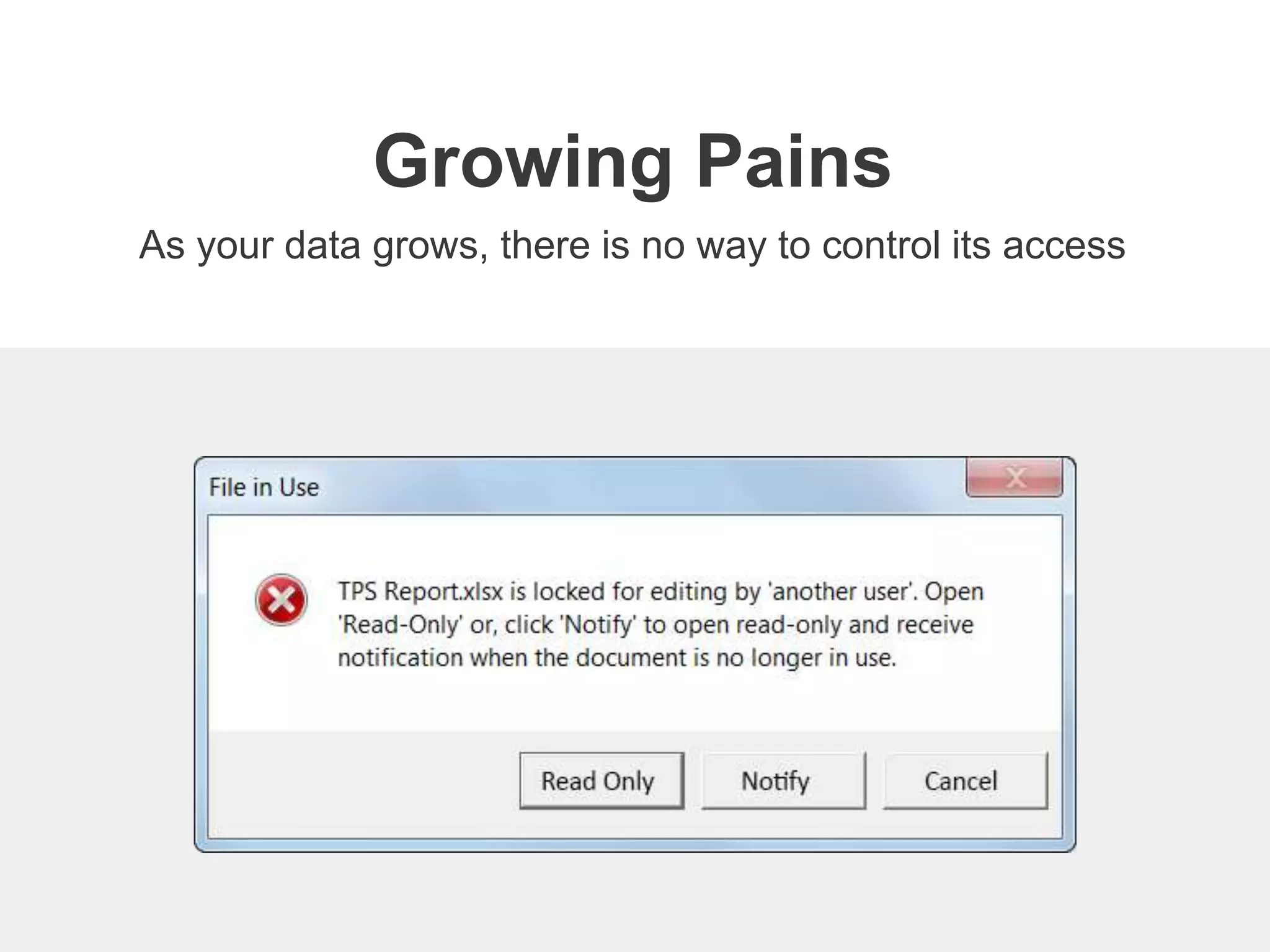 As your data grows, there is no way to control its access
Growing Pains
 