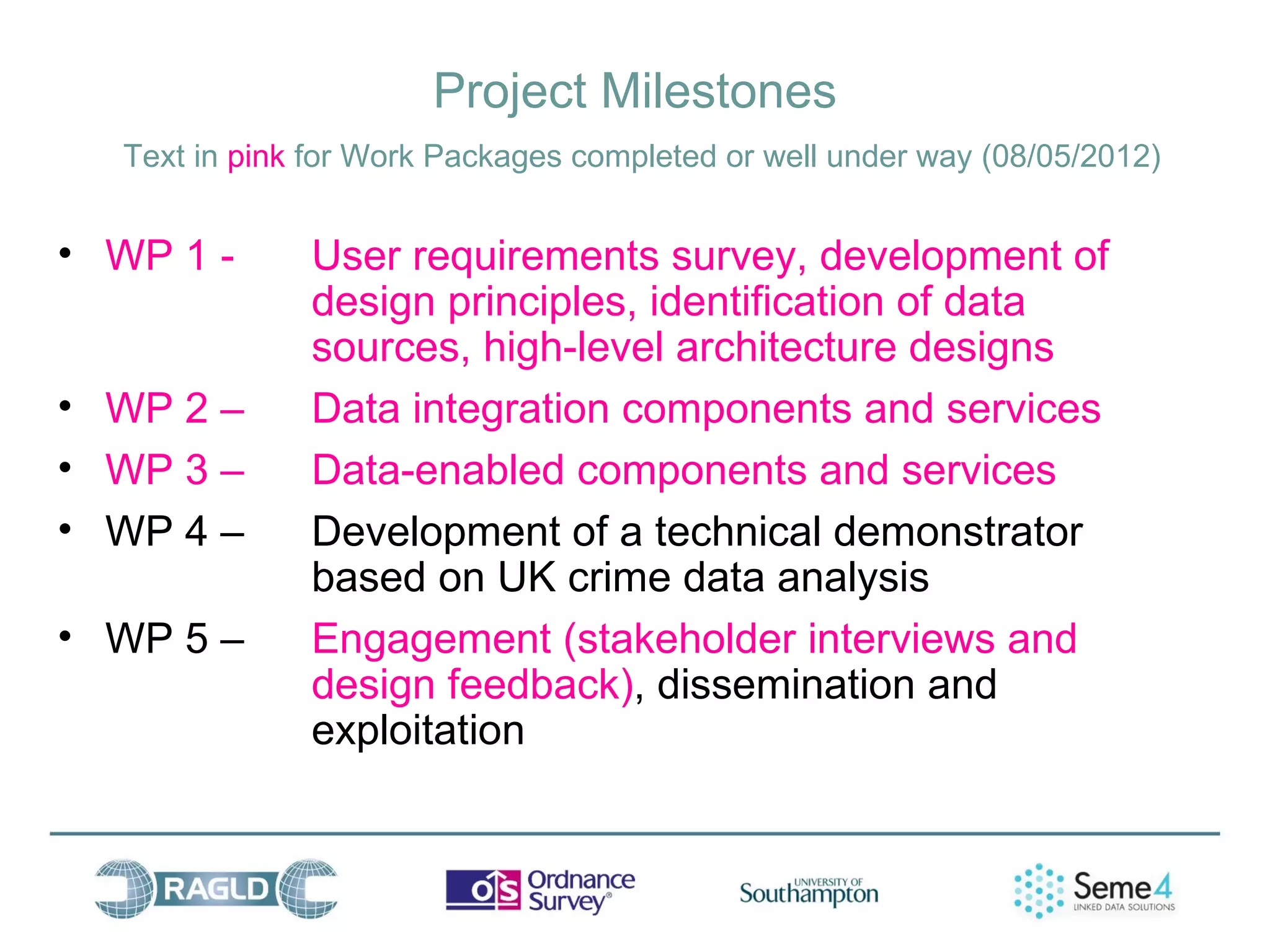 Project Milestones
  Text in pink for Work Packages completed or well under way (08/05/2012)


• WP 1 -      User requirements survey, development of
              design principles, identification of data
              sources, high-level architecture designs
• WP 2 –      Data integration components and services
• WP 3 –      Data-enabled components and services
• WP 4 –      Development of a technical demonstrator
              based on UK crime data analysis
• WP 5 –      Engagement (stakeholder interviews and
              design feedback), dissemination and
              exploitation
 