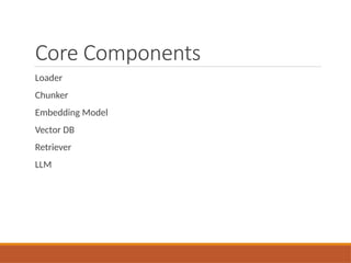 Core Components
Loader
Chunker
Embedding Model
Vector DB
Retriever
LLM
 