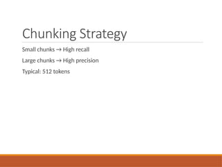 Chunking Strategy
Small chunks → High recall
Large chunks → High precision
Typical: 512 tokens
 