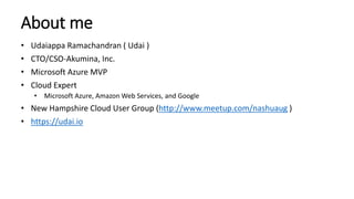 About me
• Udaiappa Ramachandran ( Udai )
• CTO/CSO-Akumina, Inc.
• Microsoft Azure MVP
• Cloud Expert
• Microsoft Azure, Amazon Web Services, and Google
• New Hampshire Cloud User Group (http://www.meetup.com/nashuaug )
• https://udai.io
 