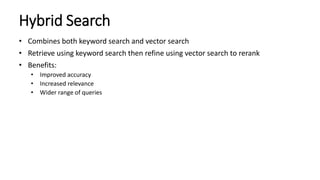 Hybrid Search
• Combines both keyword search and vector search
• Retrieve using keyword search then refine using vector search to rerank
• Benefits:
• Improved accuracy
• Increased relevance
• Wider range of queries
 
