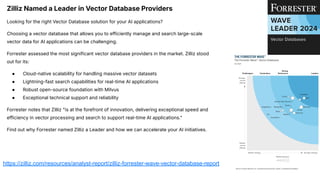 https://zilliz.com/resources/analyst-report/zilliz-forrester-wave-vector-database-report
Zilliz Named a Leader in Vector Database Providers
Looking for the right Vector Database solution for your AI applications?
Choosing a vector database that allows you to efficiently manage and search large-scale
vector data for AI applications can be challenging.
Forrester assessed the most significant vector database providers in the market. Zilliz stood
out for its:
● Cloud-native scalability for handling massive vector datasets
● Lightning-fast search capabilities for real-time AI applications
● Robust open-source foundation with Milvus
● Exceptional technical support and reliability
Forrester notes that Zilliz "is at the forefront of innovation, delivering exceptional speed and
efficiency in vector processing and search to support real-time AI applications."
Find out why Forrester named Zilliz a Leader and how we can accelerate your AI initiatives.
 