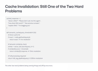 Cache Invalidation: Still One of the Two Hard
Problems
cached_response = {
"what is RAG?": "Please don't ask me this again",
"how does RAG work?": "See previous answer",
"explain RAG": "I'm begging you"
}
def semantic_cache(query, threshold=0.92):
# Direct cache hit
if exact := redis.get(hash(query)):
return exact # 1ms resolution
# Semantic similarity check
similar = vector_db.search(query, k=1)
if similar[0].score > threshold:
return similar[0].response # 10ms resolution
# Full processing required
return full_rag_pipeline(query) # 200ms resolution
The other two hard problems being naming things and off-by-one errors.
 