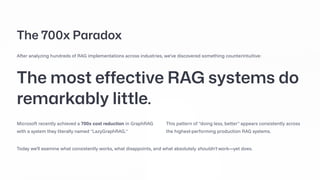 The 700x Paradox
After analyzing hundreds of RAG implementations across industries, we've discovered something counterintuitive:
The most effective RAG systems do
remarkably little.
Microsoft recently achieved a 700x cost reduction in GraphRAG
with a system they literally named "LazyGraphRAG."
This pattern of "doing less, better" appears consistently across
the highest-performing production RAG systems.
Today we'll examine what consistently works, what disappoints, and what absolutely shouldn't work4yet does.
 