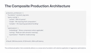 The Composite Production Architecture
production_architecture = {
"foundation": standard_rag_stack,
"query_routing": {
"cached": "90% of queries",
"simple": "8% requiring fresh computation",
"complex": "2% requiring specialized handling"
},
"optimizations": {
"embeddings": "Binary compression where applicable",
"caching": "Multi-tier with semantic matching",
"quantization": "Float8 for model serving"
}
}
# Result: 50M documents, $150/month, 200ms p95 latency
The architectural pattern that consistently delivers is a conservative foundation with selective application of aggressive optimizations.
 